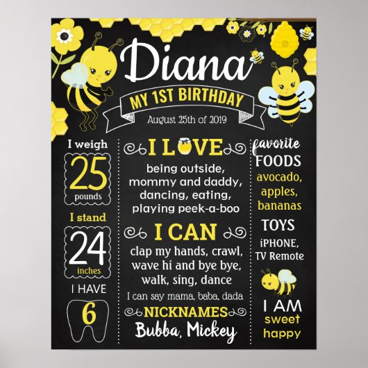 Bee First Birthday Party chalkboard boy girl Poster (Voorkant)