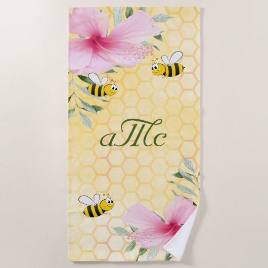 Bee gele honingraat roze floralen monogram strandlaken (Voorkant)