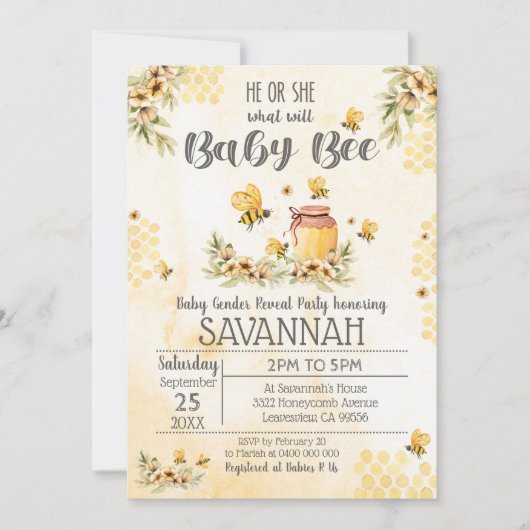 Bee Gender onthullen Baby shower Uitnodiging Lente (Voorkant)