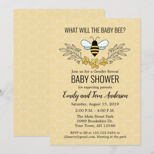 Bee Gender Reveal Baby shower Invitation Kaart (Voorkant / Achterkant)