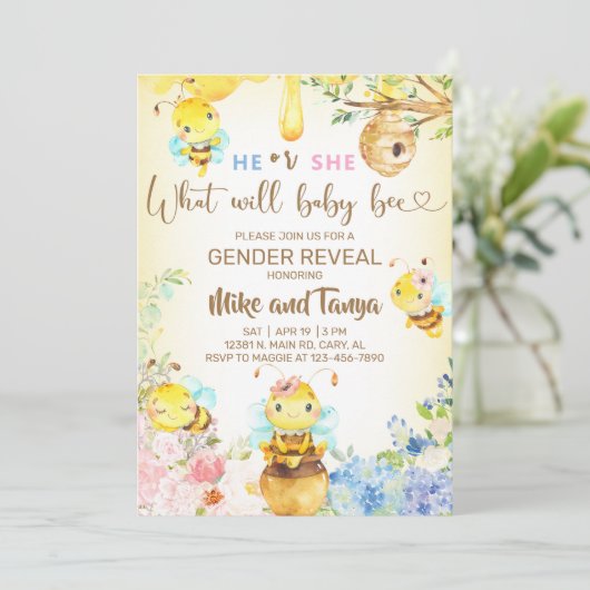 Bee gender reveal invite, bumblebee, honeybee. kaart (Staand voorkant)