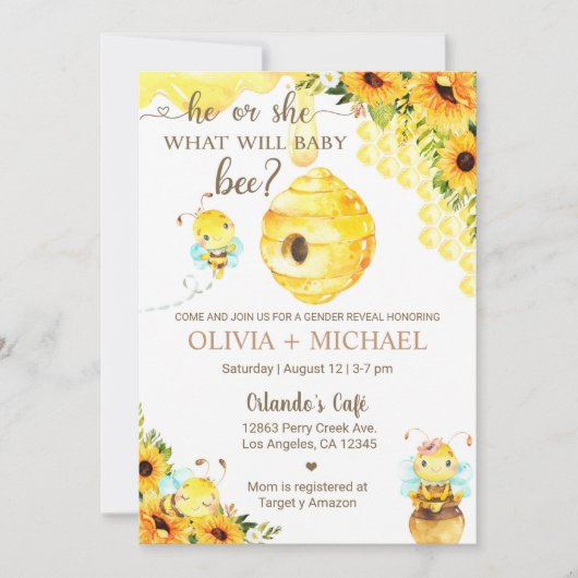 Bee gender reveal invite, bumblebee, honeybee. kaart (Voorkant)