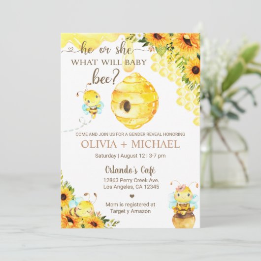 Bee gender reveal invite, bumblebee, honeybee. kaart (Staand voorkant)