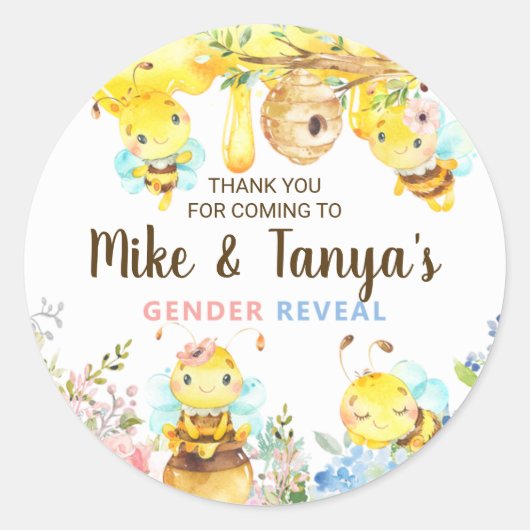 Bee gender reveal thank you stickers, bumblebee. ronde sticker (Voorkant)