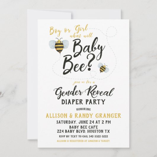 Bee Geslacht onthullen Uitnodiging van derden (Voorkant)