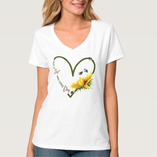 BEE GIRL LOVE Waterverf Sunflower Heart V-nek T-shirt (Voorkant)