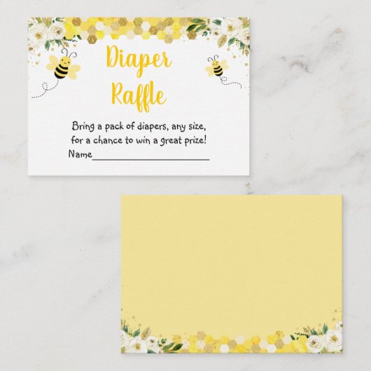 Bee Gold Floral Baby shower Diaper Raffle Informatiekaartje (Voorkant / Achterkant)