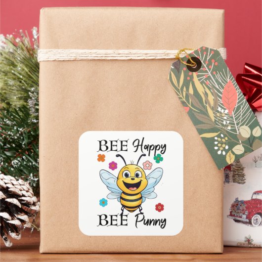 Bee Happy Bee Punny Vierkante Sticker (Feestdagen)