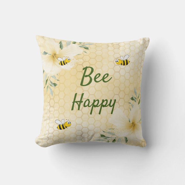 Bee Happy bees geel bloemetjes honingraat plezier Kussen (Voorkant)