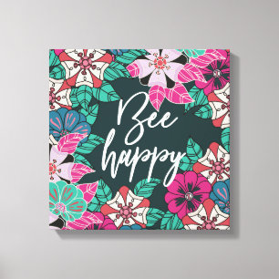 Bee Happy Blossom Floral Art Canvas Afdruk