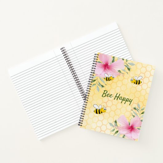 Bee Happy bumbleyellow honingraat roze bloemen Notitieboek (Binnen)