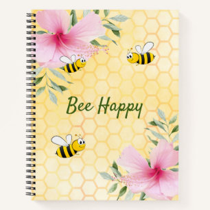 Bee Happy bumbleyellow honingraat roze bloemen Notitieboek