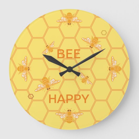 Bee Happy honeybees on yellow honeycomb Grote Klok (Voorkant)