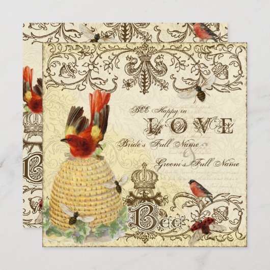 Bee Happy - Huwelijksuitnodiging Kaart (Voorkant / Achterkant)