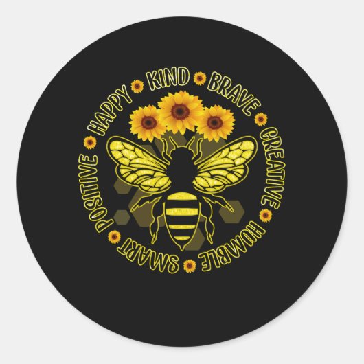Bee Happy Kind Moedig Humble Smart Positieve Bumbl Ronde Sticker (Voorkant)