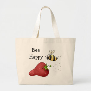 Bee Happy Strawberry Print Art Grote Tote Bag