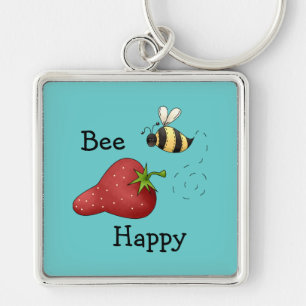 Bee Happy Strawberry Print Art Sleutelhanger