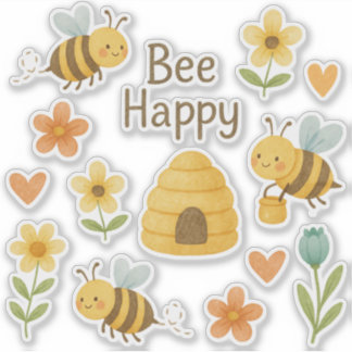 "BEE HAPPY"- süße Bienen mit Blumen Sticker