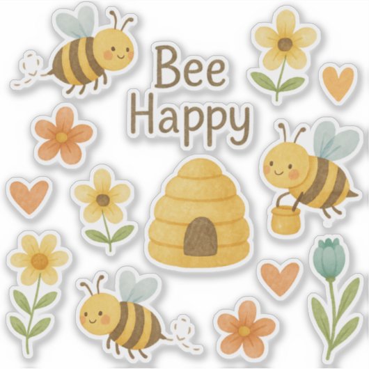 "BEE HAPPY"- süße Bienen mit Blumen Sticker (Voorkant)