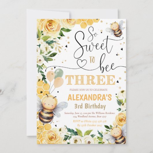 Bee Honey DRIE Verjaardagsuitnodiging Bee Honey Pa Kaart (Voorkant)