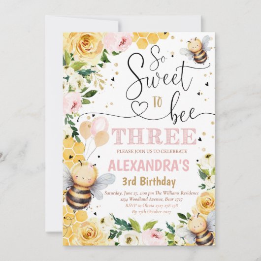 Bee Honey DRIE Verjaardagsuitnodiging Boho Meisje Kaart (Voorkant)