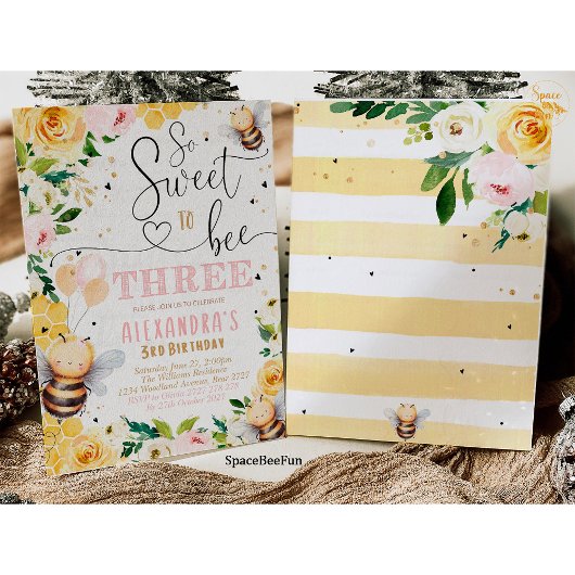 Bee Honey DRIE Verjaardagsuitnodiging Boho Meisje Kaart