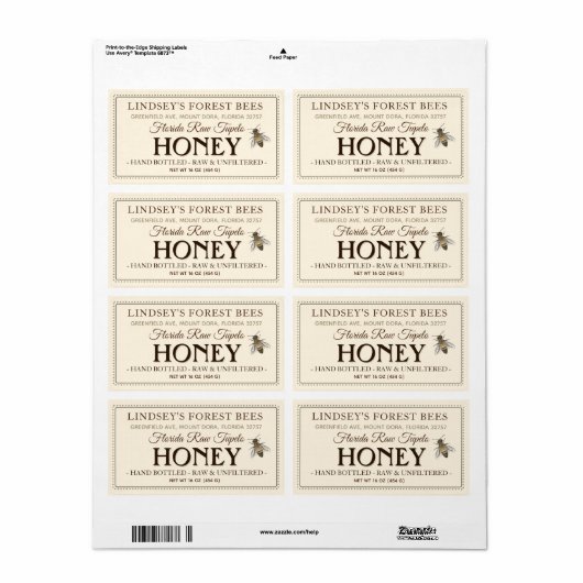 Bee Honey Label Hand gebotteld Raw Verzending (Full Sheet)