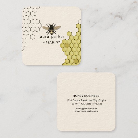Bee Honey Verkoper Appiarist Zwart Geel Hexagon Sq Vierkante Visitekaartje (Voorkant / Achterkant)