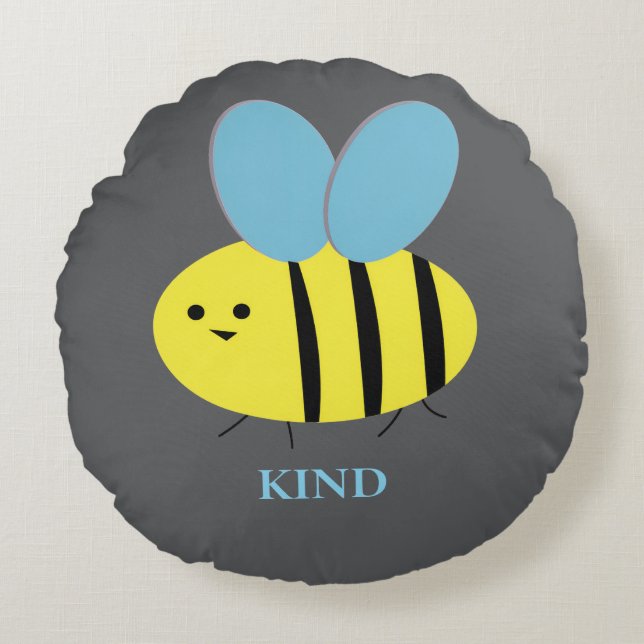 Bee Kind Grijs Blauw Rond Kussen (Voorkant)