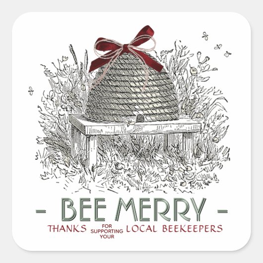 Bee Merry Holiday Sticker Skep. met Red Bow (Voorkant)
