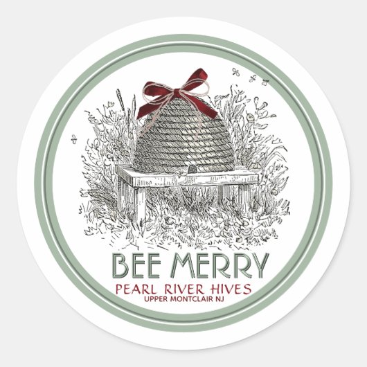 Bee Merry Holiday Sticker Skep. met Red Bow (Voorkant)
