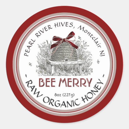 Bee Merry Holiday Sticker Skep. met Red Bow (Voorkant)