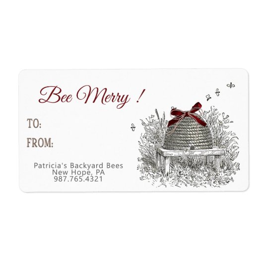 Bee Merry Honey Cadeaulabel Red Bow Skep Christmas Etiket (Voorkant)