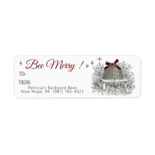Bee Merry Honey Cadeaulabel Red Bow Skep Christmas Etiket