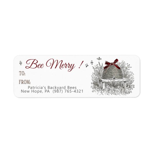 Bee Merry Honey Cadeaulabel Red Bow Skep Christmas Etiket (Voorkant)