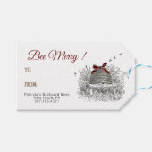 Bee Merry Skep met Rode Bow Gift Label Cadeaulabel (Voorkant (Horizontaal))