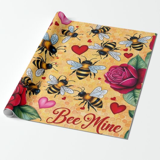 Bee Mine Golden Honey Love Cadeaupapier (Uitgerold)