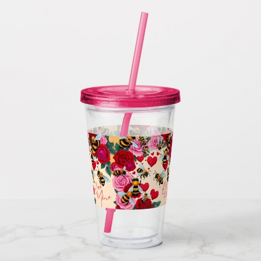 Bee Mine Romantisch Bloemen Ontwerp Acryl Drinkbeker (Achterkant)