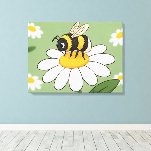 Bee on a white daisy canvas print (Insitu (Houten vloer))