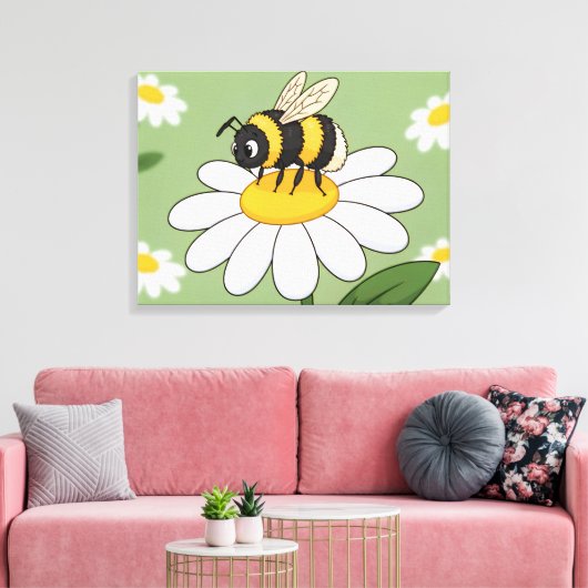 Bee on a white daisy canvas print (Insitu (Woonkamer))