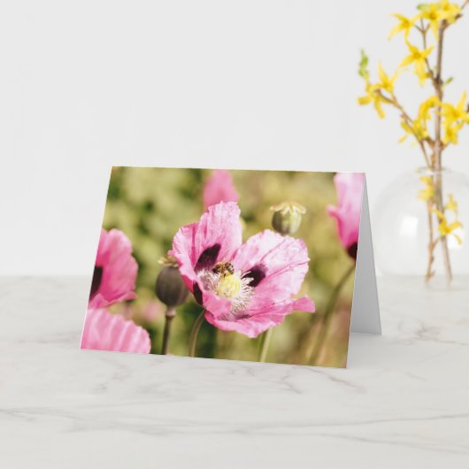 Bee on Pink Poppy Note Kaart (Gele Bloem)