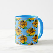Bee on Sunflower Flower Pattern Design Blue  Mok (Voorkant rechts)