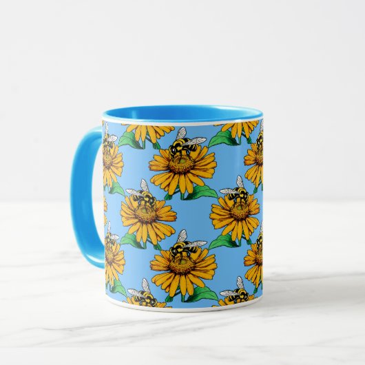 Bee on Sunflower Flower Pattern Design Blue  Mok (Voorkant links)