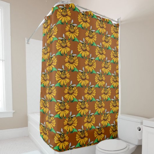 Bee on Sunflower Flower Pattern Design Brown Douchegordijn