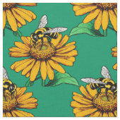 Bee on Sunflower Flower Pattern Design Green  Stof (Close Up)