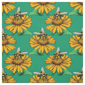Bee on Sunflower Flower Pattern Design Green  Stof (Swatch)