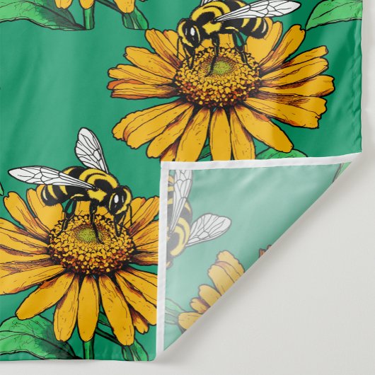 Bee on Sunflower Flower Pattern Design Green  Stof