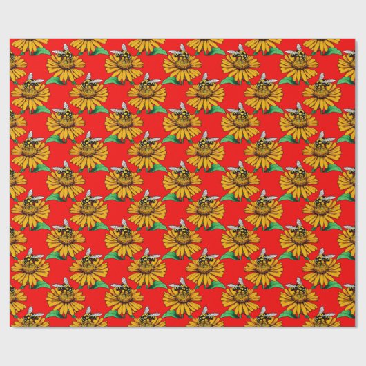Bee on Sunflower Flower Pattern Design Red Cadeaupapier (Vlak)