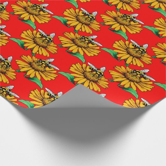 Bee on Sunflower Flower Pattern Design Red  Cadeaupapier (Hoek)