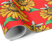 Bee on Sunflower Flower Pattern Design Red Cadeaupapier (Rol Hoek)